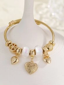 Peace Symbol Detail Heart Charm Bangle Valentines - Multicolor - View 2