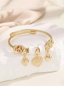 Peace Symbol Detail Heart Charm Bangle Valentines - Multicolor - View 4