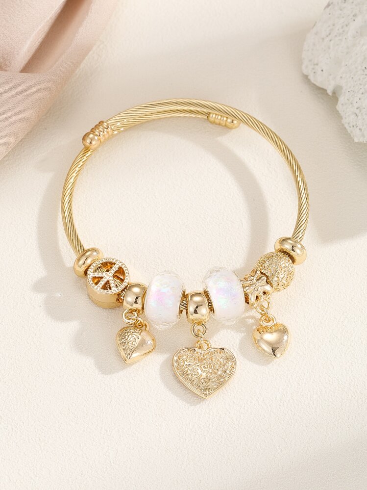 Peace Symbol Detail Heart Charm Bangle Valentines - Multicolor - View 5