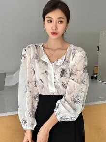 DAZY Floral Print Lantern Sleeve Button Front Blouse - Black and White - View 5