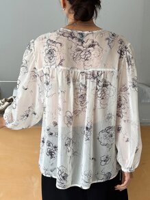 DAZY Floral Print Lantern Sleeve Button Front Blouse - Black and White - View 2