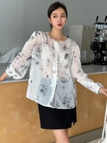 DAZY Floral Print Lantern Sleeve Button Front Blouse - Black and White - View 3