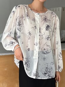 DAZY Floral Print Lantern Sleeve Button Front Blouse - Black and White - View 4