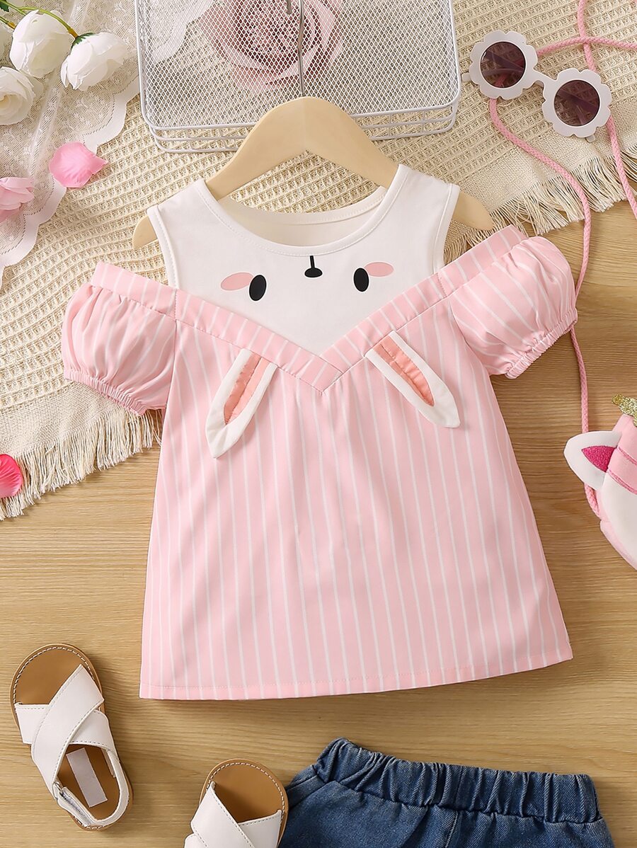 SHEIN 女小童彩色條紋圖案卡通兔子圖案襯衫帶彼得潘領和泡泡袖適合夏天 - 彩色 - 查看 1