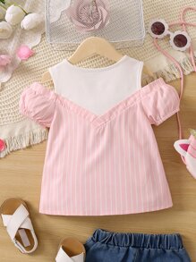 SHEIN 女小童彩色條紋圖案卡通兔子圖案襯衫帶彼得潘領和泡泡袖適合夏天 - 彩色 - 查看 2