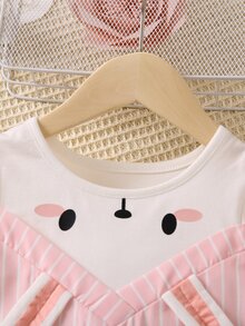 SHEIN 女小童彩色條紋圖案卡通兔子圖案襯衫帶彼得潘領和泡泡袖適合夏天 - 彩色 - 查看 3