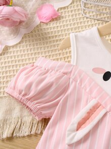 SHEIN 女小童彩色條紋圖案卡通兔子圖案襯衫帶彼得潘領和泡泡袖適合夏天 - 彩色 - 查看 6