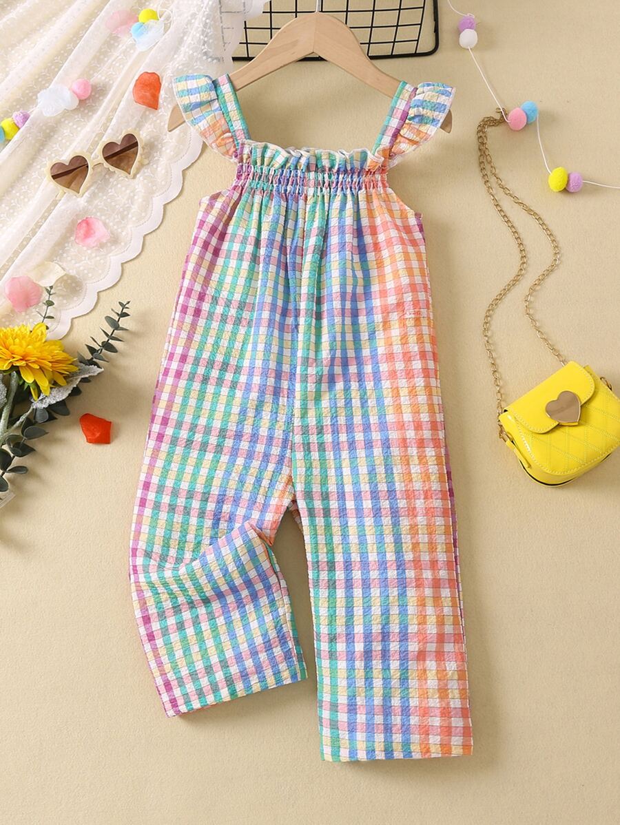 SHEIN 女小童雙色網格圖案假期風格方領荷葉邊帶連身褲適合夏天 - 彩色 - 查看 1
