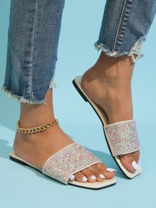 Women Rhinestone Decor Slide Sandals, Glamorous Summer Flat Sandals - Beige - View 5