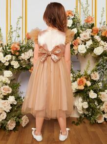 SHEIN 小女童亮片拼接荷葉邊網紗邊連衣裙 - 彩色 - 查看 2