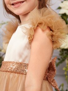SHEIN 小女童亮片拼接荷葉邊網紗邊連衣裙 - 彩色 - 查看 3