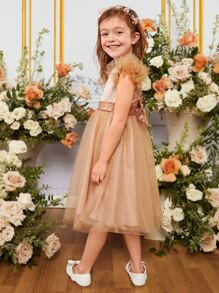 SHEIN 小女童亮片拼接荷葉邊網紗邊連衣裙 - 彩色 - 查看 5