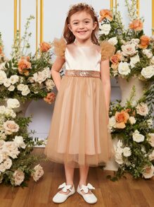 SHEIN 小女童亮片拼接荷葉邊網紗邊連衣裙 - 彩色 - 查看 4