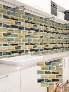 2 piezas/set pegatina de cocina de PVC, patrón de paisaje creativo pegatina de renovación de pared impermeable para cocina - Multicolor - Ver 2