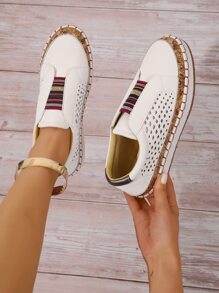 運動板鞋適用於女士撞色條紋圖案針腳細節運動鞋 - 白色 - 查看 1