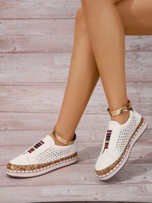 運動板鞋適用於女士撞色條紋圖案針腳細節運動鞋 - 白色 - 查看 2