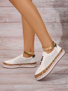 運動板鞋適用於女士撞色條紋圖案針腳細節運動鞋 - 白色 - 查看 3