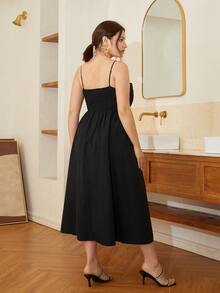 Đầm Plus Size Tương phản Mesh Dây kéo Tách cao màu trơn Thanh lịch - màu đen - Xem 2