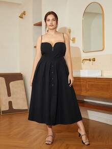 Đầm Plus Size Tương phản Mesh Dây kéo Tách cao màu trơn Thanh lịch - màu đen - Xem 6