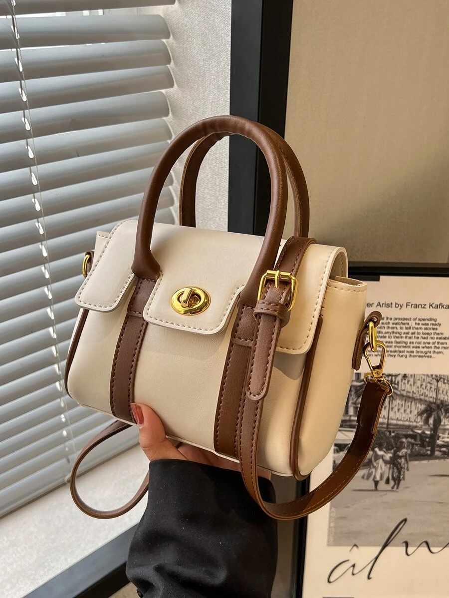 Colorblock Square Bag Small Flap Twist Lock Top Handle - Multicolor - View 1