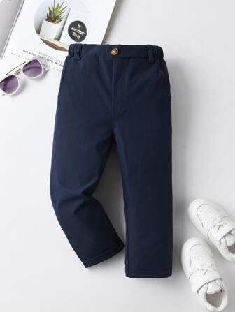 Young Boy's Casual Solid Color Pants, With Single Button Decor, Slant Pockets, Elastic Waist Design, Suitable For Daily Wear, Travel, Party, Holiday, Versatile Fashion Getaway