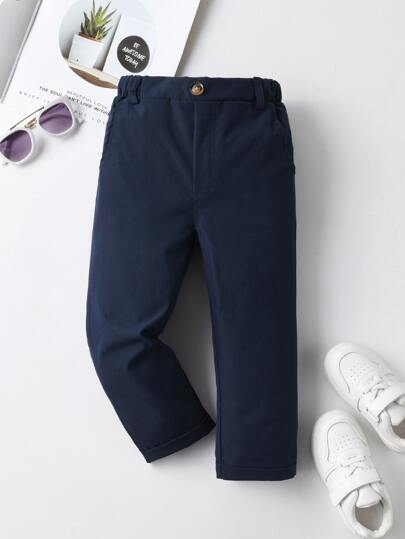 Young Boy's Casual Solid Color Pants, With Single Button Decor, Slant Pockets, Elastic Waist Design, Suitable For Daily Wear, Travel, Party, Holiday, Versatile Fashion Getaway