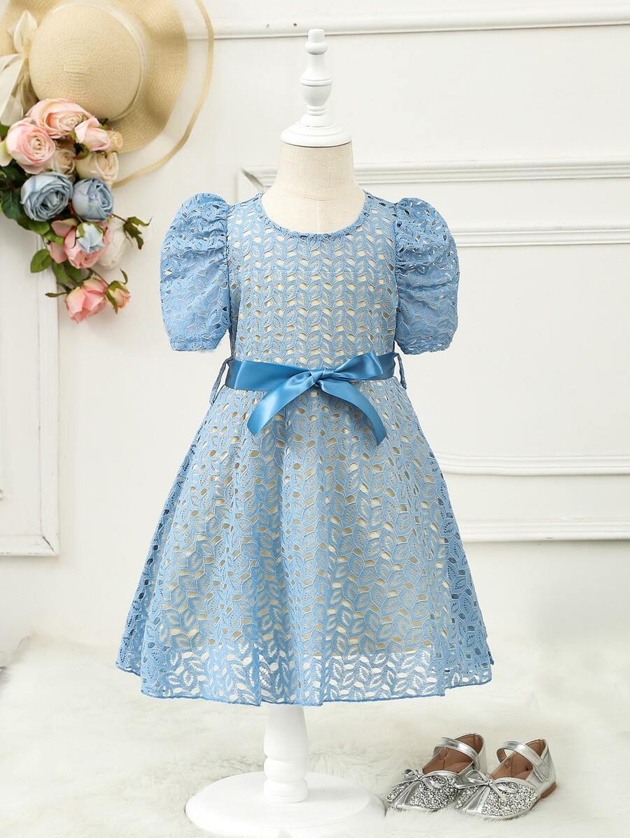 年輕女孩們泡泡袖腰帶蕾絲覆蓋派對禮服