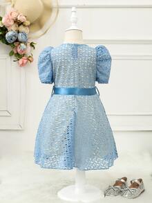 年輕女孩們泡泡袖腰帶蕾絲覆蓋派對禮服