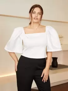 现代菲律宾女式泡泡袖弹力衬衫露背短款上衣度假装，商务休闲夏装 Terno - 白色 - 查看 1