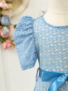 年輕女孩們泡泡袖腰帶蕾絲覆蓋派對禮服