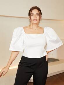 现代菲律宾女式泡泡袖弹力衬衫露背短款上衣度假装，商务休闲夏装 Terno - 白色 - 查看 3