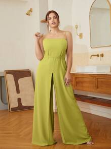 Plus Solid Wide Leg Cami Jumpsuit - Olive Green - View 1