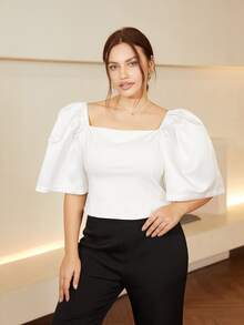 现代菲律宾女式泡泡袖弹力衬衫露背短款上衣度假装，商务休闲夏装 Terno - 白色 - 查看 5