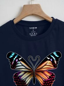 SHEIN EZwear Camiseta crop con estampado de mariposa - Azul Marino - Ver 5