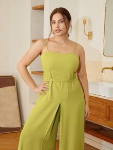 Plus Solid Wide Leg Cami Jumpsuit - Olive Green - View 5