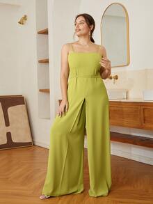 Plus Solid Wide Leg Cami Jumpsuit - Olive Green - View 6