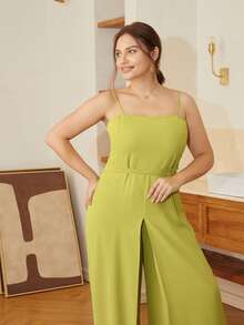 Plus Solid Wide Leg Cami Jumpsuit - Olive Green - View 7