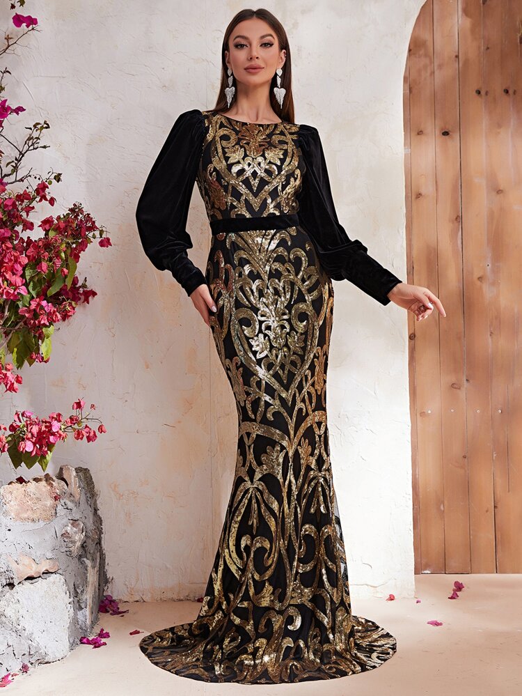 YISIKADO Contrast Sequin Mermaid Hem Formal Dress