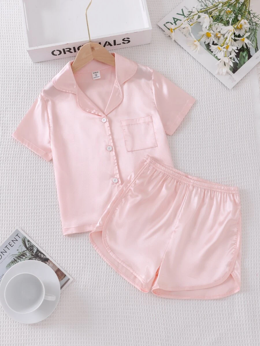 2pcs Set Of Comfortable And Soft Solid Color Spandex Shiny Polo Collar Short Sleeve T-Shirt And Shorts For Teen Girls' Home Wear - Baby Pink - View 1
