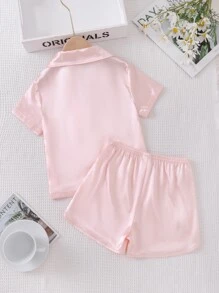 2pcs Set Of Comfortable And Soft Solid Color Spandex Shiny Polo Collar Short Sleeve T-Shirt And Shorts For Teen Girls' Home Wear - Baby Pink - View 2