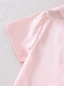 2pcs Set Of Comfortable And Soft Solid Color Spandex Shiny Polo Collar Short Sleeve T-Shirt And Shorts For Teen Girls' Home Wear - Baby Pink - View 4