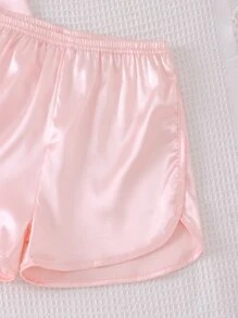 2pcs Set Of Comfortable And Soft Solid Color Spandex Shiny Polo Collar Short Sleeve T-Shirt And Shorts For Teen Girls' Home Wear - Baby Pink - View 5