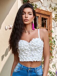 Áo Crop Top Cami đính cườm hoa ngọc trai - trắng - Xem 1