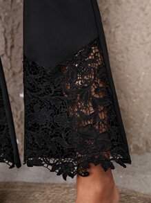 SHEIN Clasi Contrast Lace Flare Leg Trousers - Black - View 5