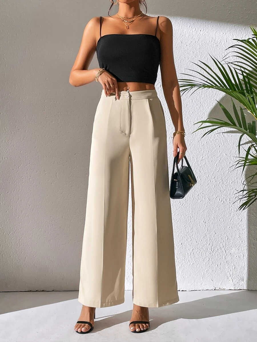 SHEIN PETITE Solid Wide Leg Trousers - Beige - View 1