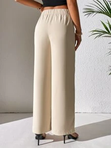 SHEIN PETITE Solid Wide Leg Trousers - Beige - View 2