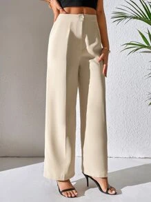 SHEIN PETITE Solid Wide Leg Trousers - Beige - View 3