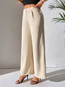 SHEIN PETITE Solid Wide Leg Trousers - Beige - View 4