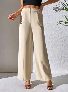 SHEIN PETITE Solid Wide Leg Trousers - Beige - View 5