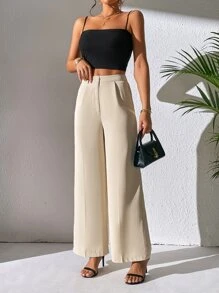 SHEIN PETITE Solid Wide Leg Trousers - Beige - View 6